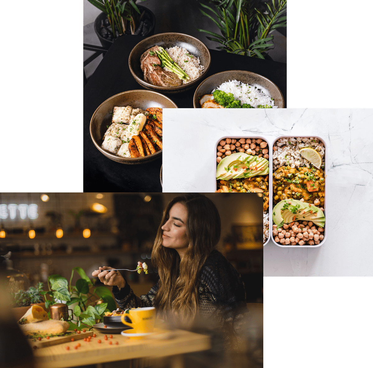 woman enjoying food,meals in storage container, and 
                food bowls on a table